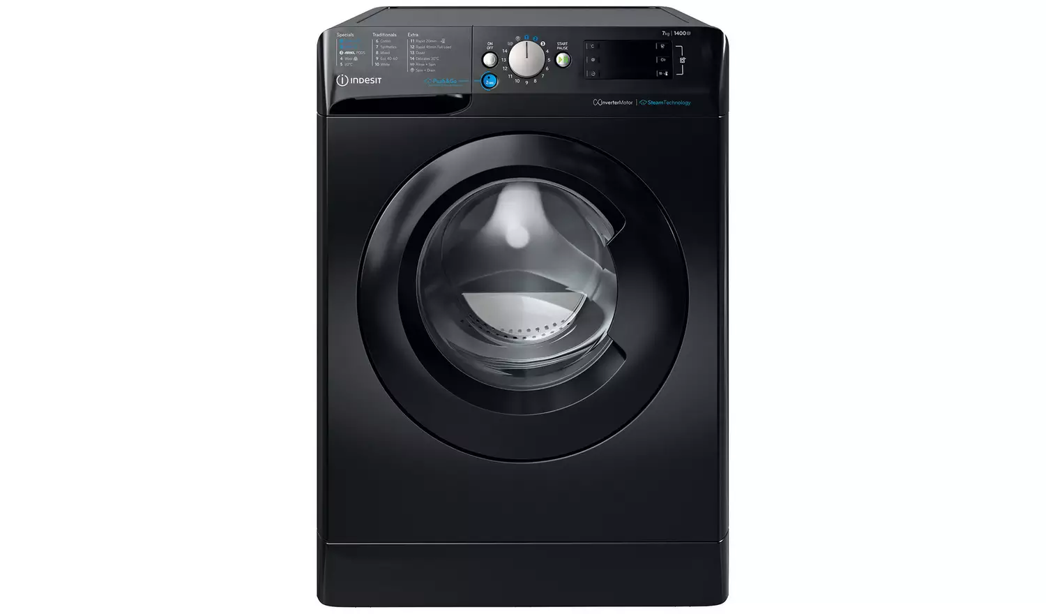 Indesit Push&Go Steam WASHING MACHINE 7KG - Black - A - BWE71496XKVUK 